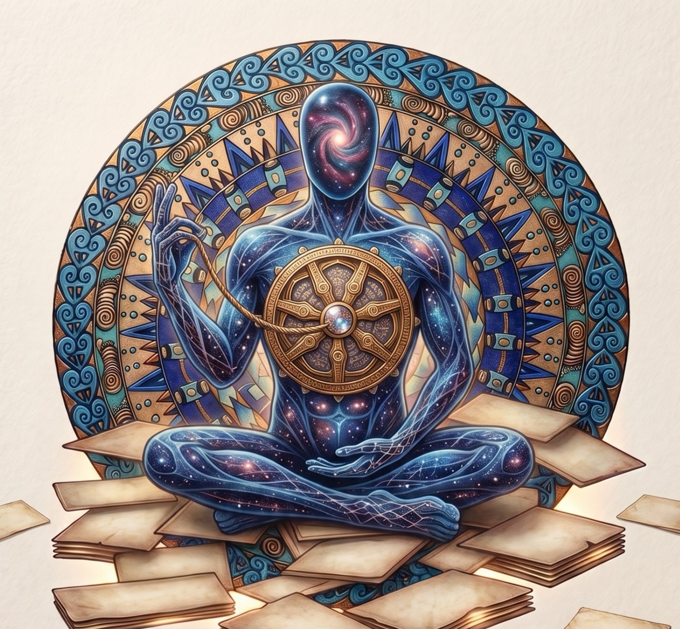 Cover art of The Warrior Sutras: a seated figure made of night sky holds a wheel to its chest inside a patterned ring.