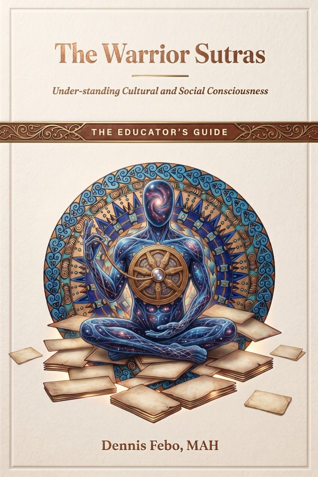 Front cover of The Warrior Sutras: The Educator's Guide by Dennis Febo, MAH. A seated figure of night sky holds a wheel to its chest inside a patterned ring, on cream paper.